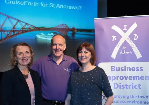 Speaker Peter Wilson, Project Manager of CruiseForth, with BID St Andrews Board members (left) Louise Fraser and (right) Lindsey Adam